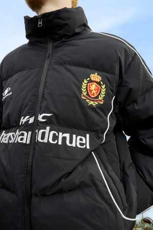 Retro Sports Football Club Embroidered Badge Stand Collar Warm Down Jacket - Vintage Style Outerwear for 90s and Y2K Fashion