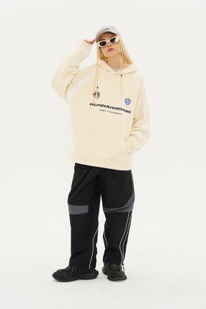 Retro Sports Spliced Hoodie with Harsh Typography Print - Street Style Football-Inspired Design