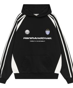 Retro Sports Spliced Hoodie with Harsh Typography Print - Street Style Football-Inspired Design