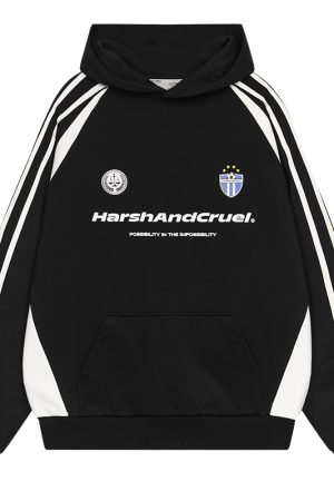 Retro Sports Spliced Hoodie with Harsh Typography Print - Street Style Football-Inspired Design