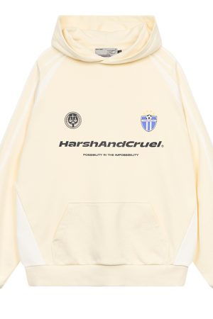 Retro Sports Spliced Hoodie with Harsh Typography Print - Street Style Football-Inspired Design