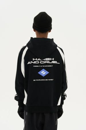 Retro Sports Spliced Hoodie with Harsh Typography Print - Street Style Football-Inspired Design