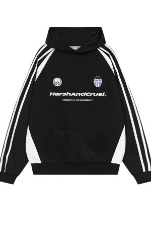 Retro Sports Spliced Hoodie with Harsh Typography Print - Street Style Football-Inspired Design