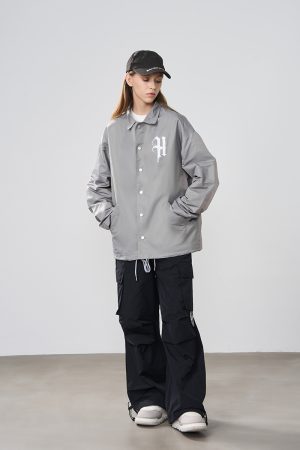 Retro Stamp Character Loose Fit Hip-Hop Coach Jacket for Street Style, 90s Inspired Fashion
