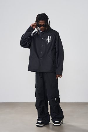 Retro Stamp Character Loose Fit Hip-Hop Coach Jacket for Street Style, 90s Inspired Fashion