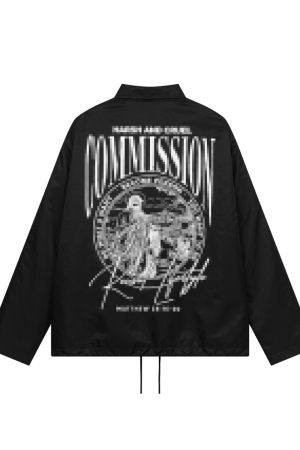 Retro Stamp Character Loose Fit Hip-Hop Coach Jacket for Street Style, 90s Inspired Fashion
