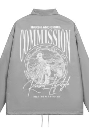 Retro Stamp Character Loose Fit Hip-Hop Coach Jacket for Street Style, 90s Inspired Fashion