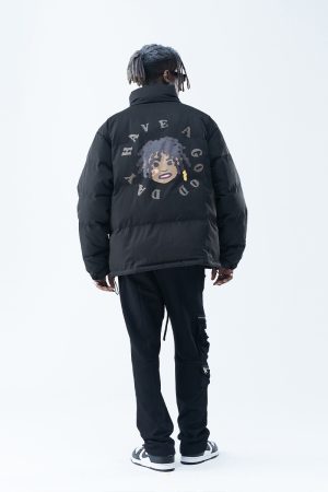 Retro Street Style Hand-Drawn Cartoon Dreadlocks Down Jacket with Foam Stand-Up Collar