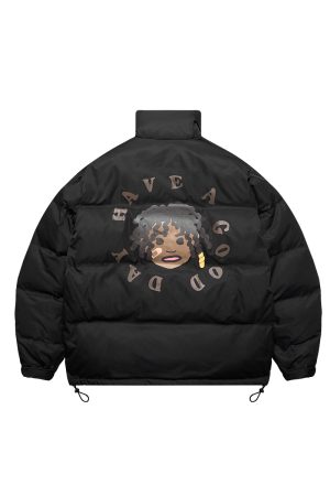 Retro Street Style Hand-Drawn Cartoon Dreadlocks Down Jacket with Foam Stand-Up Collar