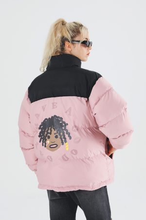 Retro Street Style Hand-Drawn Cartoon Dreadlocks Down Jacket with Foam Stand-Up Collar