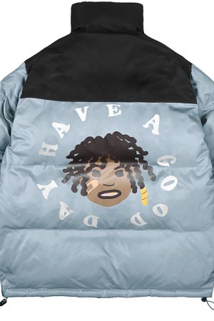 Retro Street Style Hand-Drawn Cartoon Dreadlocks Down Jacket with Foam Stand-Up Collar