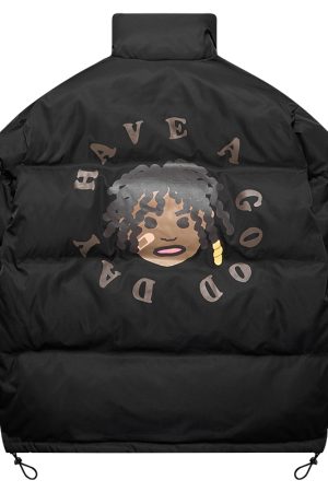Retro Street Style Hand-Drawn Cartoon Dreadlocks Down Jacket with Foam Stand-Up Collar