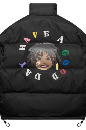 Retro Street Style Hand-Drawn Cartoon Dreadlocks Down Jacket with Foam Stand-Up Collar