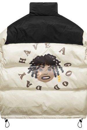 Retro Street Style Hand-Drawn Cartoon Dreadlocks Down Jacket with Foam Stand-Up Collar