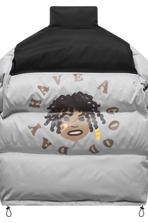 Retro Street Style Hand-Drawn Cartoon Dreadlocks Down Jacket with Foam Stand-Up Collar