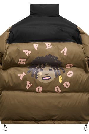 Retro Street Style Hand-Drawn Cartoon Dreadlocks Down Jacket with Foam Stand-Up Collar