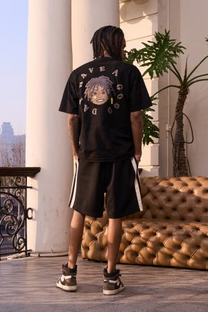 Retro Street Style Hand-Painted Foam Printed Little Black Boy Short-Sleeve T-Shirt in Suede Finish