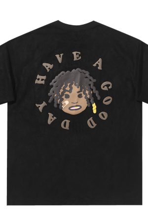 Retro Street Style Hand-Painted Foam Printed Little Black Boy Short-Sleeve T-Shirt in Suede Finish