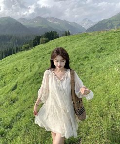 Retro Striped Embroidered Dress for Women - French Style Loose Summer Short Skirt Set