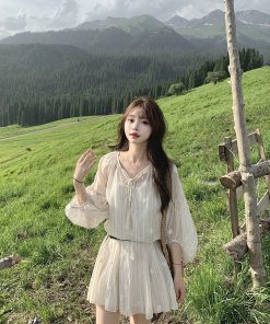 Retro Striped Embroidered Dress for Women - French Style Loose Summer Short Skirt Set