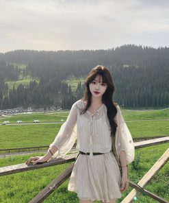 Retro Striped Embroidered Dress for Women - French Style Loose Summer Short Skirt Set