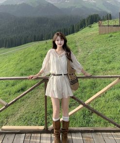 Retro Striped Embroidered Dress for Women - French Style Loose Summer Short Skirt Set