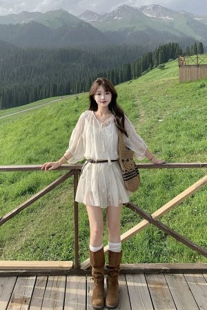 Retro Striped Embroidered Dress for Women - French Style Loose Summer Short Skirt Set