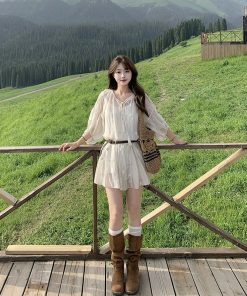 Retro Striped Embroidered Dress for Women - French Style Loose Summer Short Skirt Set