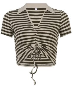 Retro Striped V-Neck Drawstring T-Shirt for Women, Ruched Slim Fit Cropped Top, Y2K Hot Girl Style