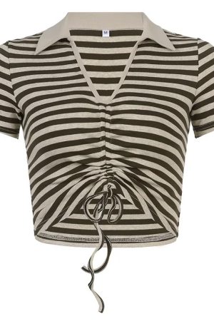 Retro Striped V-Neck Drawstring T-Shirt for Women, Ruched Slim Fit Cropped Top, Y2K Hot Girl Style