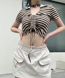 Retro Striped V-Neck Drawstring T-Shirt for Women, Ruched Slim Fit Cropped Top, Y2K Hot Girl Style