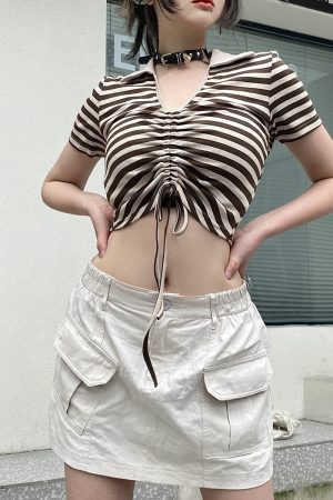 Retro Striped V-Neck Drawstring T-Shirt for Women, Ruched Slim Fit Cropped Top, Y2K Hot Girl Style
