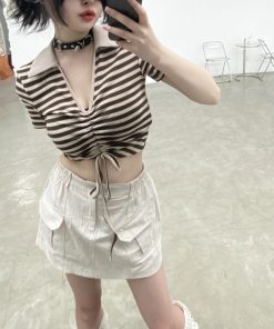Retro Striped V-Neck Drawstring T-Shirt for Women, Ruched Slim Fit Cropped Top, Y2K Hot Girl Style