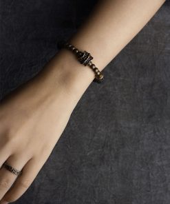 Retro Volcanic Stone and Brass Bead Bracelet for Couples - Casual Black Accessories for Men and Women, Trendy Unique Design