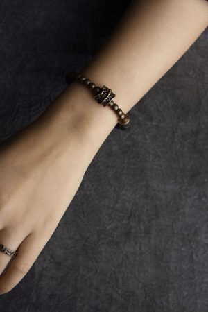 Retro Volcanic Stone and Brass Bead Bracelet for Couples - Casual Black Accessories for Men and Women, Trendy Unique Design