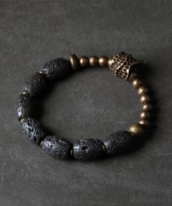 Retro Volcanic Stone and Brass Bead Bracelet for Couples - Casual Black Accessories for Men and Women, Trendy Unique Design