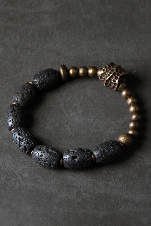 Retro Volcanic Stone and Brass Bead Bracelet for Couples - Casual Black Accessories for Men and Women, Trendy Unique Design