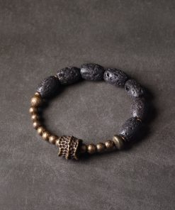 Retro Volcanic Stone and Brass Bead Bracelet for Couples - Casual Black Accessories for Men and Women, Trendy Unique Design