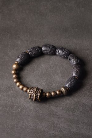 Retro Volcanic Stone and Brass Bead Bracelet for Couples - Casual Black Accessories for Men and Women, Trendy Unique Design