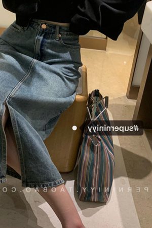 Retro Washed Blue Split Denim Skirt for Women - Versatile Mid-Length High-Waisted Casual Style for Spring and Summer