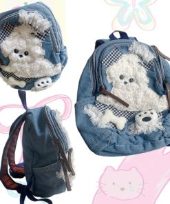 Retro Water-Washed Plush Dog Double Shoulder Bag - Cute Cartoon Backpack for School, Niche Sweet Style