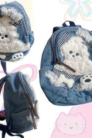 Retro Water-Washed Plush Dog Double Shoulder Bag - Cute Cartoon Backpack for School, Niche Sweet Style