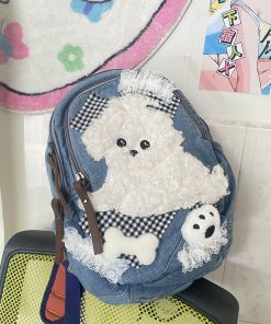 Retro Water-Washed Plush Dog Double Shoulder Bag - Cute Cartoon Backpack for School, Niche Sweet Style
