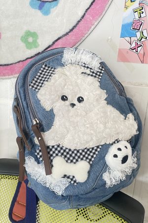 Retro Water-Washed Plush Dog Double Shoulder Bag - Cute Cartoon Backpack for School, Niche Sweet Style