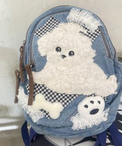 Retro Water-Washed Plush Dog Double Shoulder Bag - Cute Cartoon Backpack for School, Niche Sweet Style
