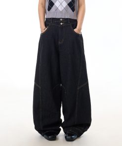 Retro Wide-Leg Black Jeans for Women with Reverse Deconstruction Design - Casual Straight-Leg Pants in Y2K Style