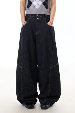 Retro Wide-Leg Black Jeans for Women with Reverse Deconstruction Design - Casual Straight-Leg Pants in Y2K Style