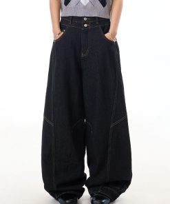 Retro Wide-Leg Black Jeans for Women with Reverse Deconstruction Design - Casual Straight-Leg Pants in Y2K Style