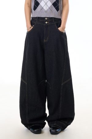 Retro Wide-Leg Black Jeans for Women with Reverse Deconstruction Design - Casual Straight-Leg Pants in Y2K Style
