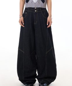 Retro Wide-Leg Black Jeans for Women with Reverse Deconstruction Design - Casual Straight-Leg Pants in Y2K Style